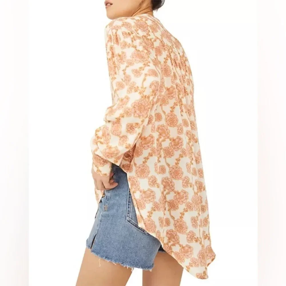 Free People NWT Mia Floral Print Tie Neck Tunic Top in Ivory Combo XS